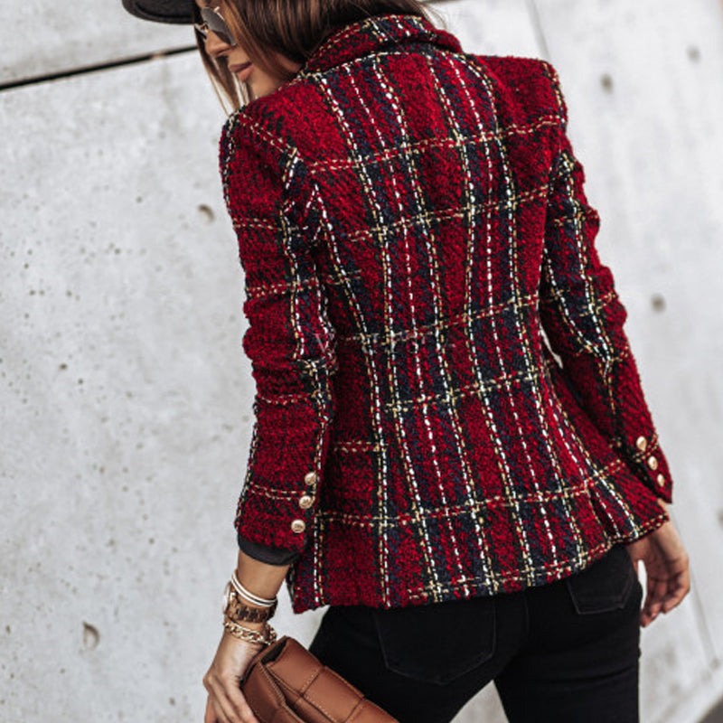 Eleganter Damen Blazer im Karo-Design – Modischer Tweed-Blazer mit doppelter Knopfleiste