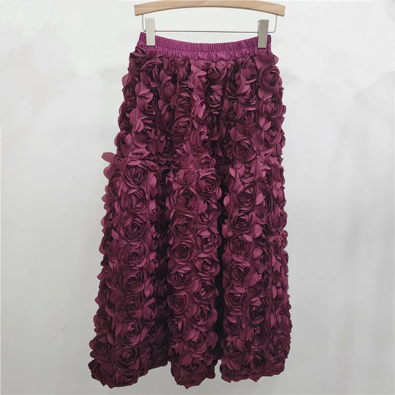 Heidi-Mode | Herbst Neu Vielseitig Drei Dimensional Blumen Mittlere Falten Rock Hohe Taille Große Schwung Mode A-Linie Röcke Frauen