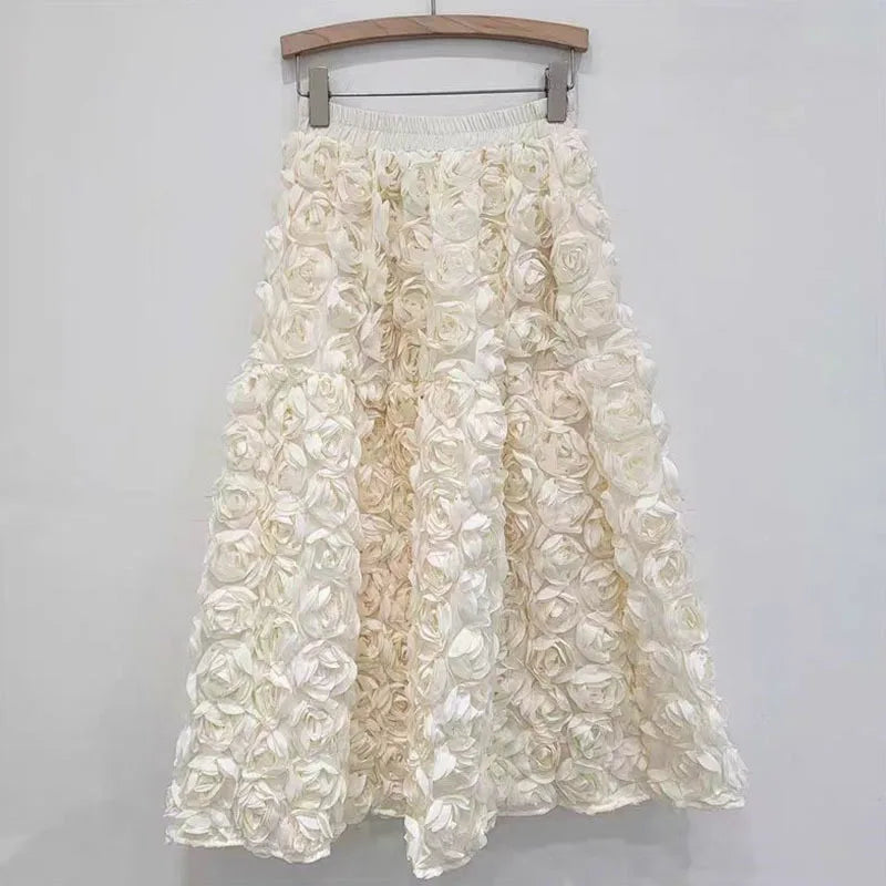 Heidi-Mode | Herbst Neu Vielseitig Drei Dimensional Blumen Mittlere Falten Rock Hohe Taille Große Schwung Mode A-Linie Röcke Frauen