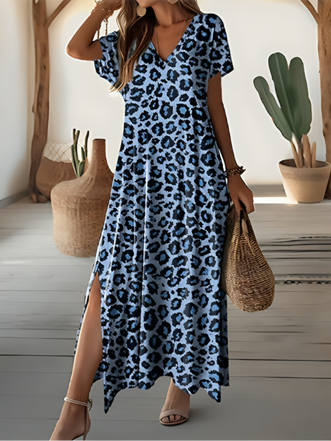 Heidi-Mode | Stylisches Leopardenmuster Kurzarm V-Ausschnitt Maxikleid