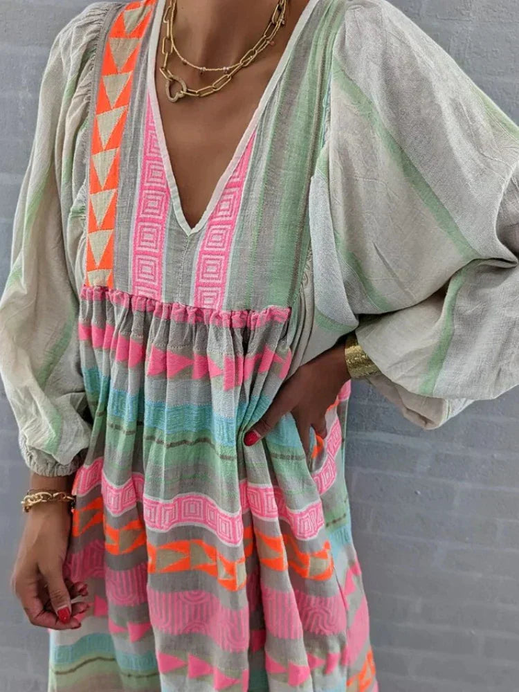 Cassandra | Boho-Print V-Ausschnitt Kleid