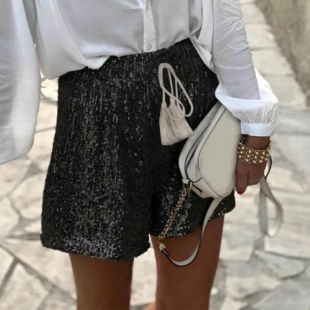 Trendige Pailletten Shorts Damen | Sommer Party High Waist Shorts | Glänzende Abendmode