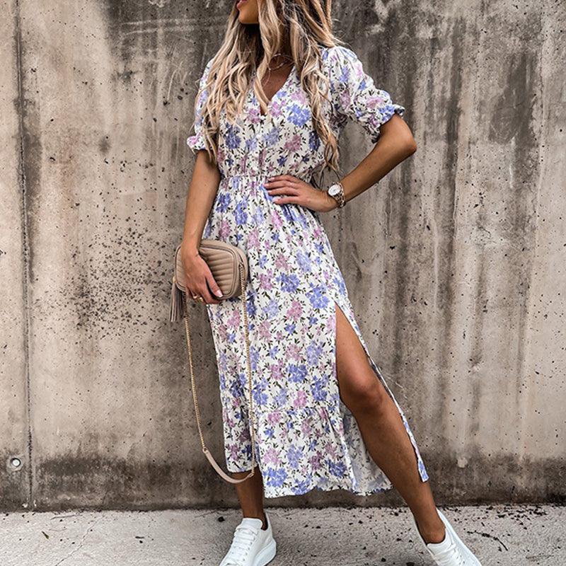 Damen Midikleid mit V-Ausschnitt und Blumenmuster