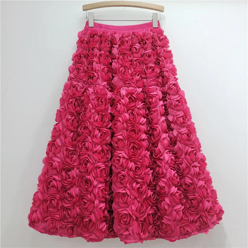 Heidi-Mode | Herbst Neu Vielseitig Drei Dimensional Blumen Mittlere Falten Rock Hohe Taille Große Schwung Mode A-Linie Röcke Frauen