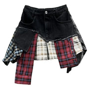 Heidi-Mode | Jahrgang Unregelmäßig Patchwork Kariert Röcke Denim Kurz für Frauen Hohe Taille Eingewickelt Hüfte Mini Rock Sommer Weiblich