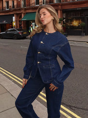Damen-Denim-Set – Elegantes Tailliertes Jeansjacke & High-Waist Wide-Leg Hose
