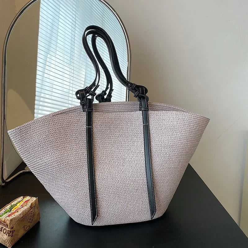Luxus Boho Strohtasche Damen – Handgemachte Strandtasche mit veganem Leder