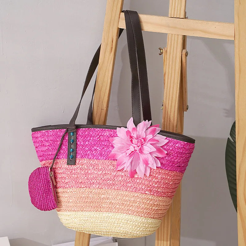 Große Strohtasche Damen – Handgefertigte Strandtasche mit Vegan-Leder-Trägern
