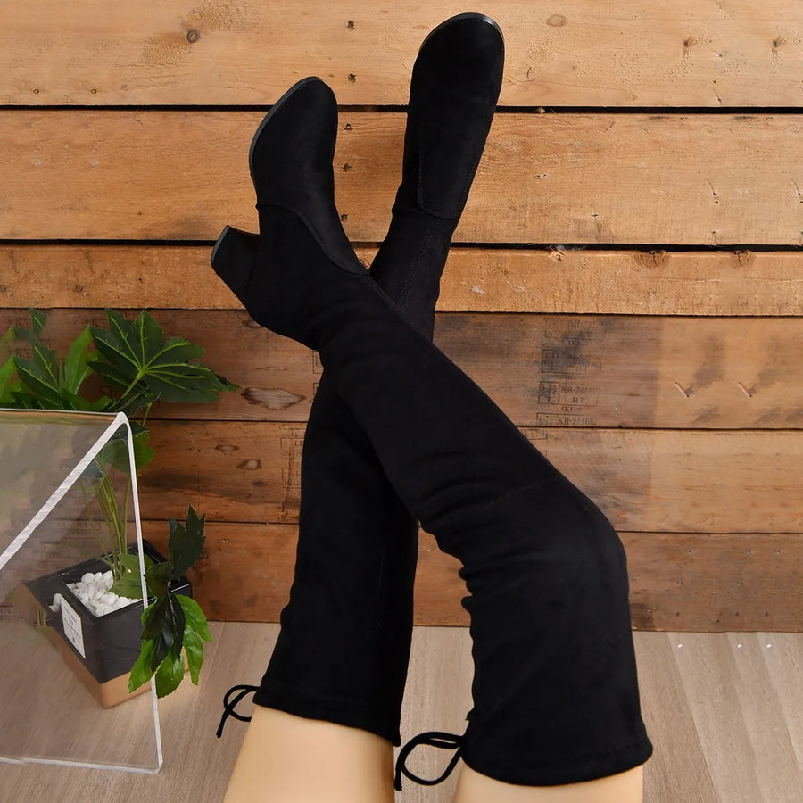 Schwarze Overknee-Stiefel für Damen | Blockabsatz