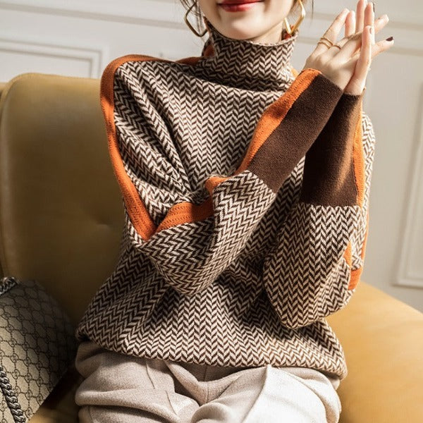 Anna | Damen Luxus Fischgrät Rollkragenpullover