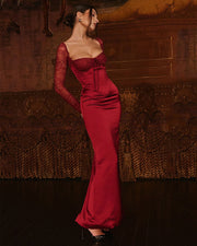 Florence - Langes Kleid mit langen Ärmeln in Weinrot und Spitze