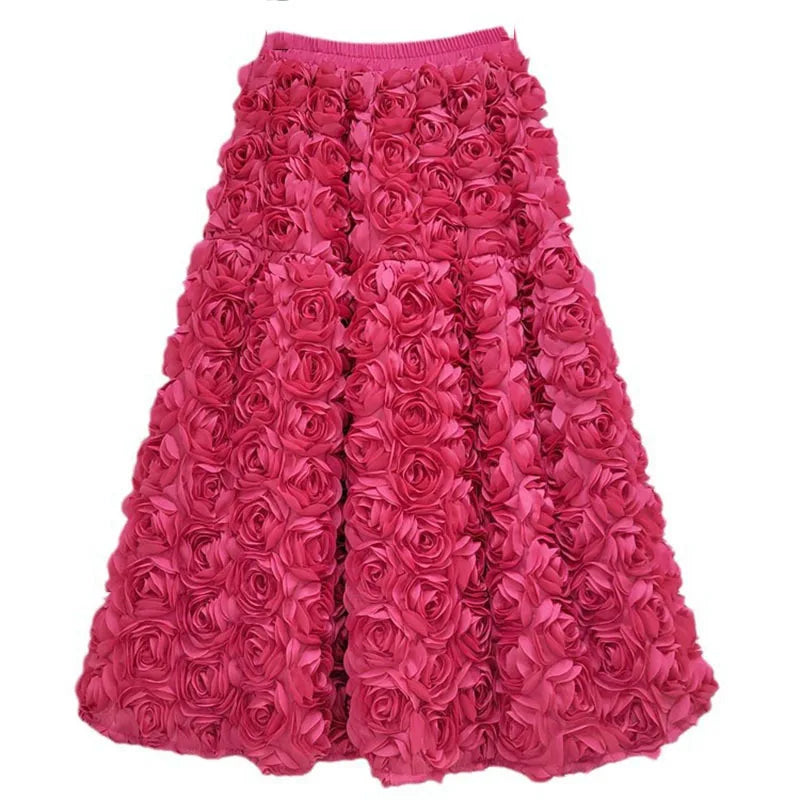 Heidi-Mode | Herbst Neu Vielseitig Drei Dimensional Blumen Mittlere Falten Rock Hohe Taille Große Schwung Mode A-Linie Röcke Frauen