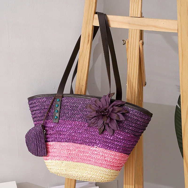 Große Strohtasche Damen – Handgefertigte Strandtasche mit Vegan-Leder-Trägern