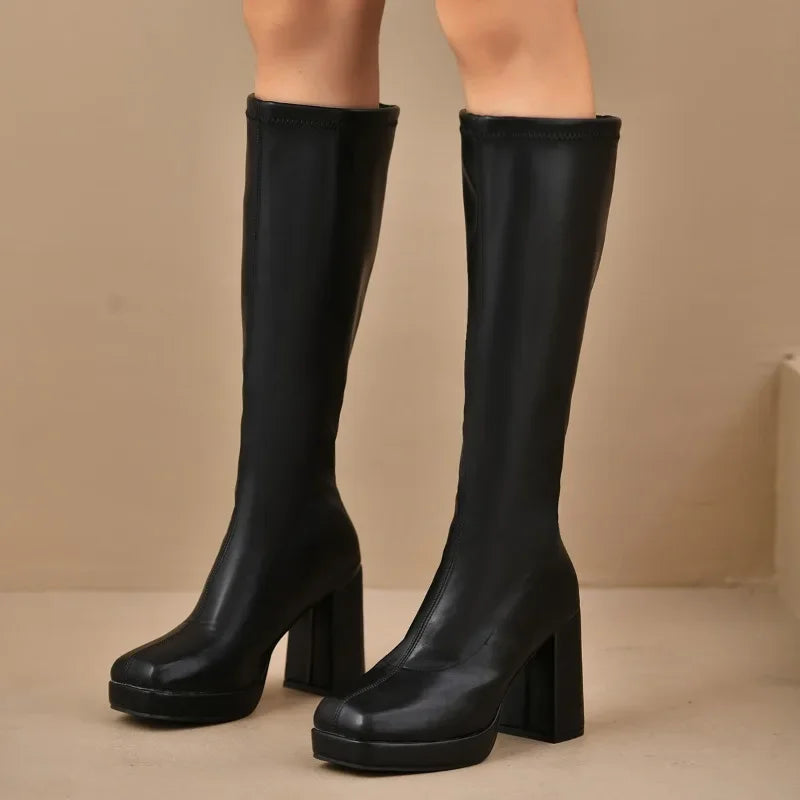 Damen Schwarze Overknee Stiefel | Plateau Klobigem Absatz