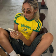 Cropped Damen T-Shirt mit Brasilien-Print im Retro-Sportstil