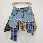 Heidi-Mode | Jahrgang Unregelmäßig Patchwork Kariert Röcke Denim Kurz für Frauen Hohe Taille Eingewickelt Hüfte Mini Rock Sommer Weiblich