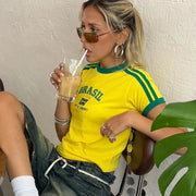 Cropped Damen T-Shirt mit Brasilien-Print im Retro-Sportstil
