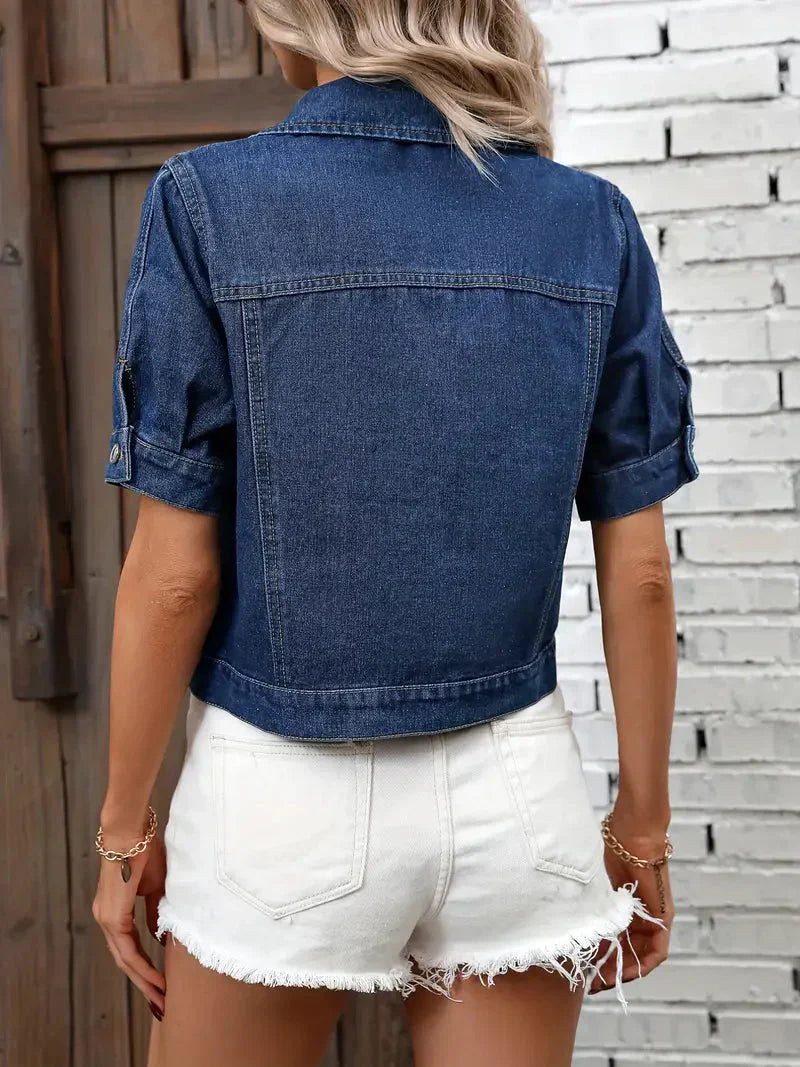 Damen-Jeansjacke mit kurzen Ärmeln und Druckknöpfen