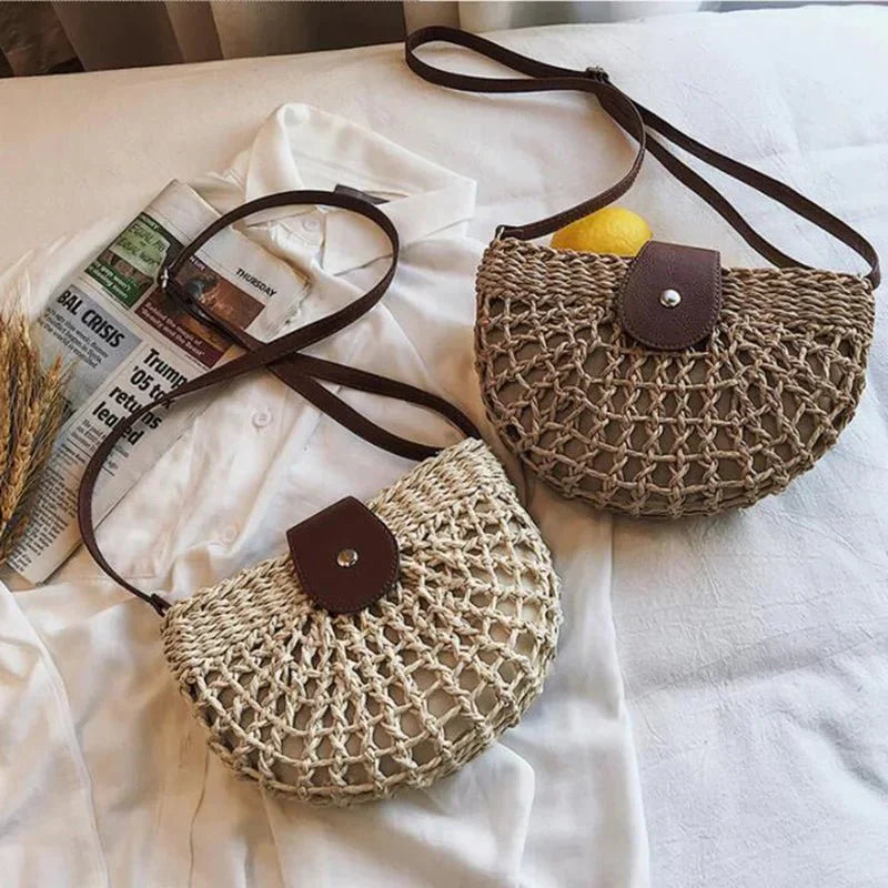 Geflochtene Strohtasche – Veganer Lederhenkel, Sommertasche