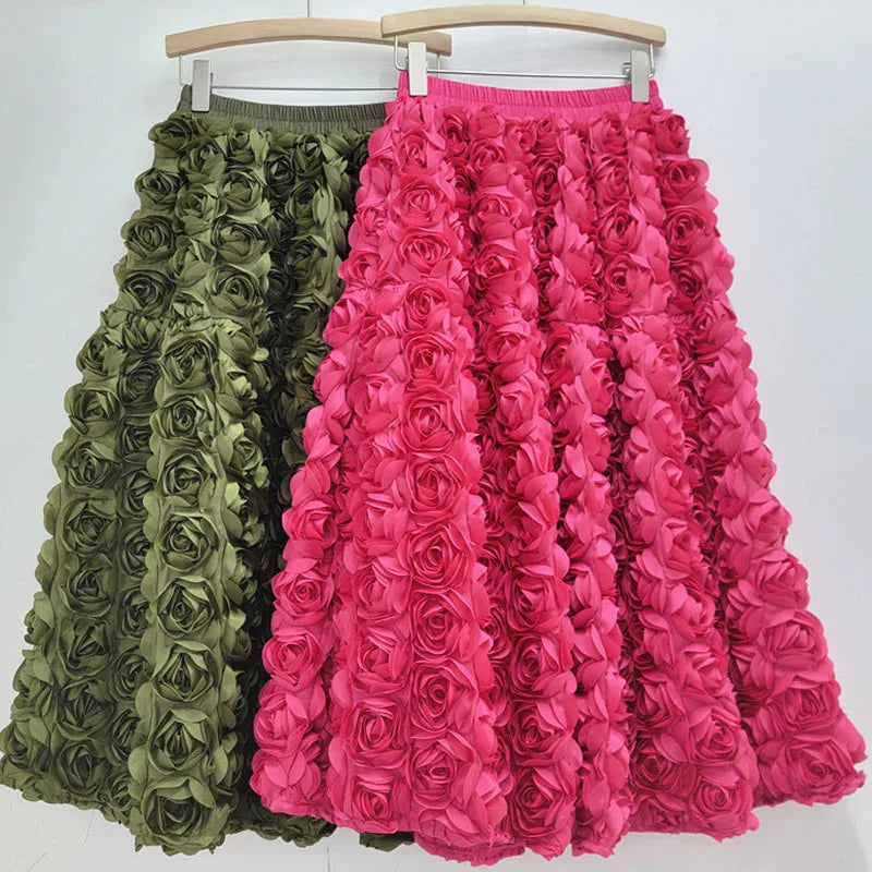 Heidi-Mode | Herbst Neu Vielseitig Drei Dimensional Blumen Mittlere Falten Rock Hohe Taille Große Schwung Mode A-Linie Röcke Frauen