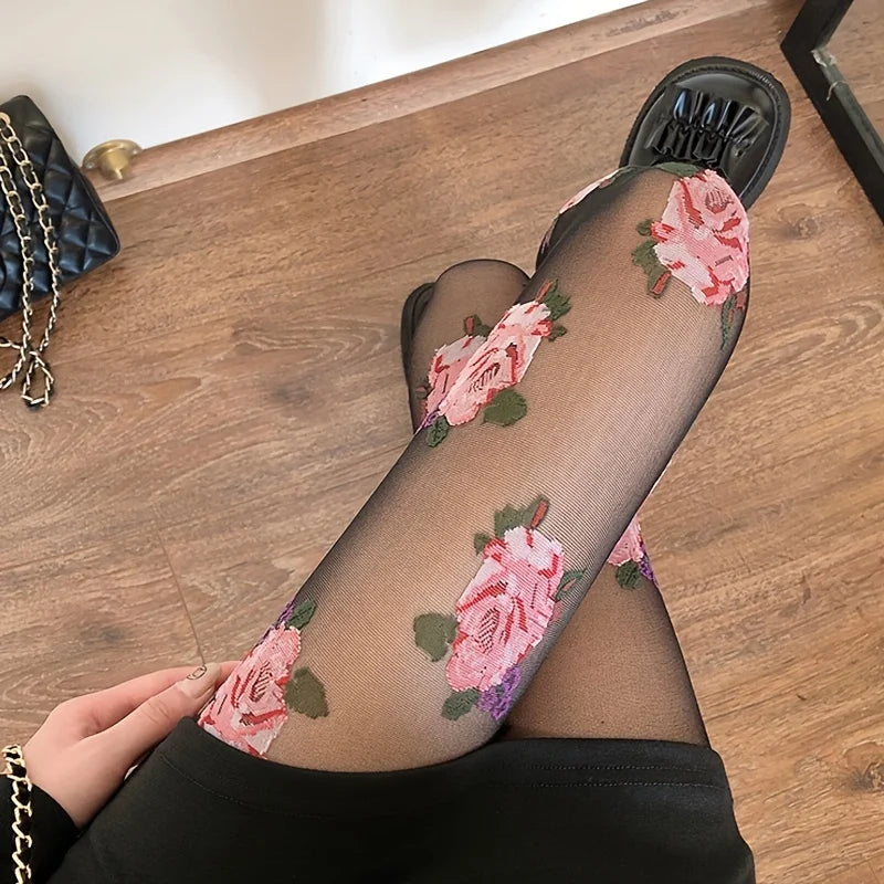 Damen Strumpfhose mit Rosenblüte Gemusterte | Vintage