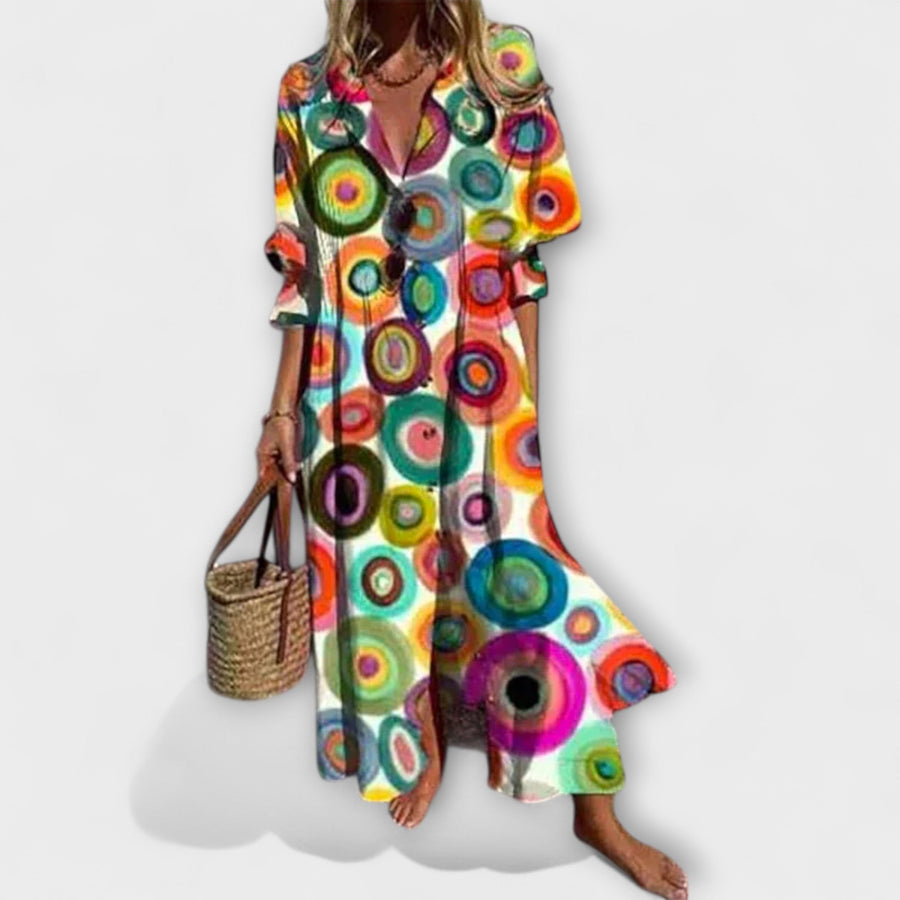 Lila - Figurbetontes Maxikleid mit Bauchbedeckung" can be rewritten as:

"Lila - Figurbetontes Maxikleid mit Bauchbedeckendem Design