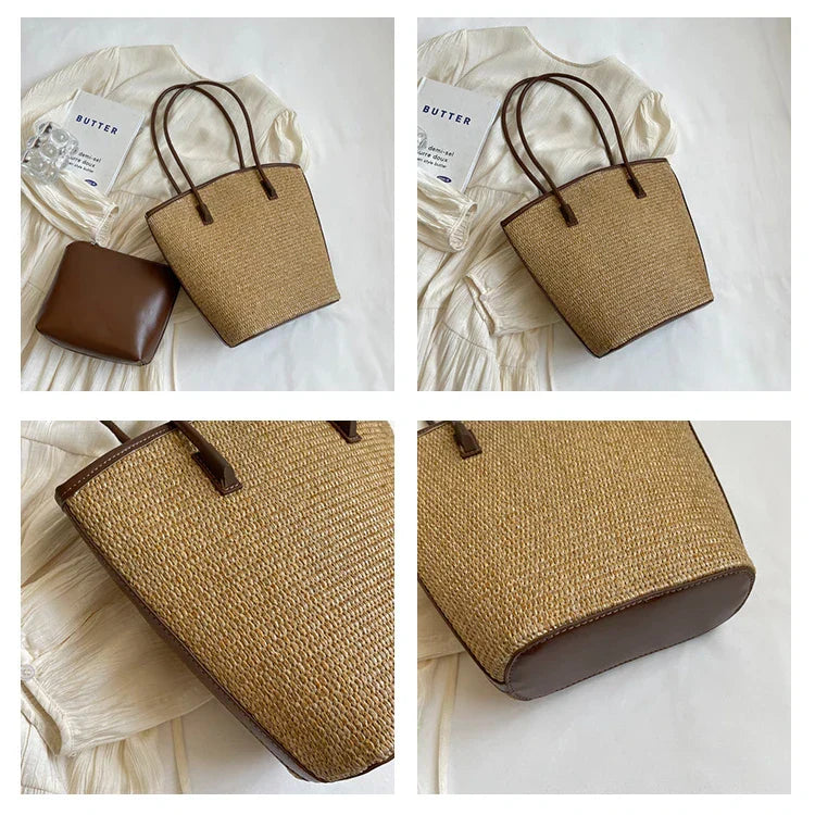 Strohtasche Damen – Handgefertigte Strandtasche mit Ledergriffen & Reißverschluss