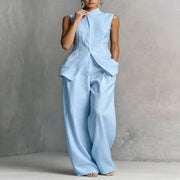 Charlotte | Damen Leinen Zweiteiler Set Stehkragen Top Weite Hose
