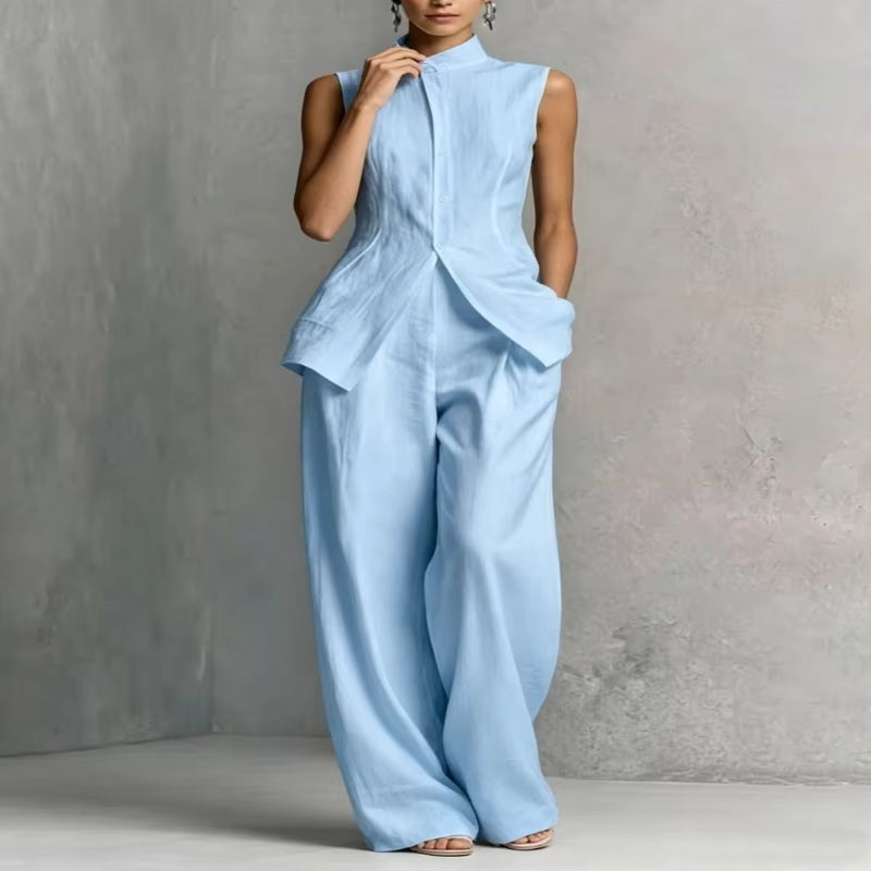 Charlotte | Damen Leinen Zweiteiler Set Stehkragen Top Weite Hose