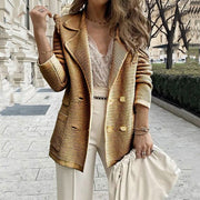 Damen Blazer Strickjacke – Elegante, Doppelt Geknöpfte Strickjacke in Schwarz, Beige und Gold – Stilvoller Blazer für Business und Freizeit