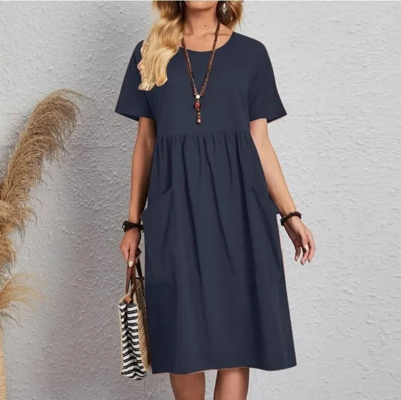 Mira | Marineblaues Midi-Kleid mit kurzen Ärmeln" 

Rewritten: "Mira | Midi-Kleid in Marineblau mit kurzen Ärmeln