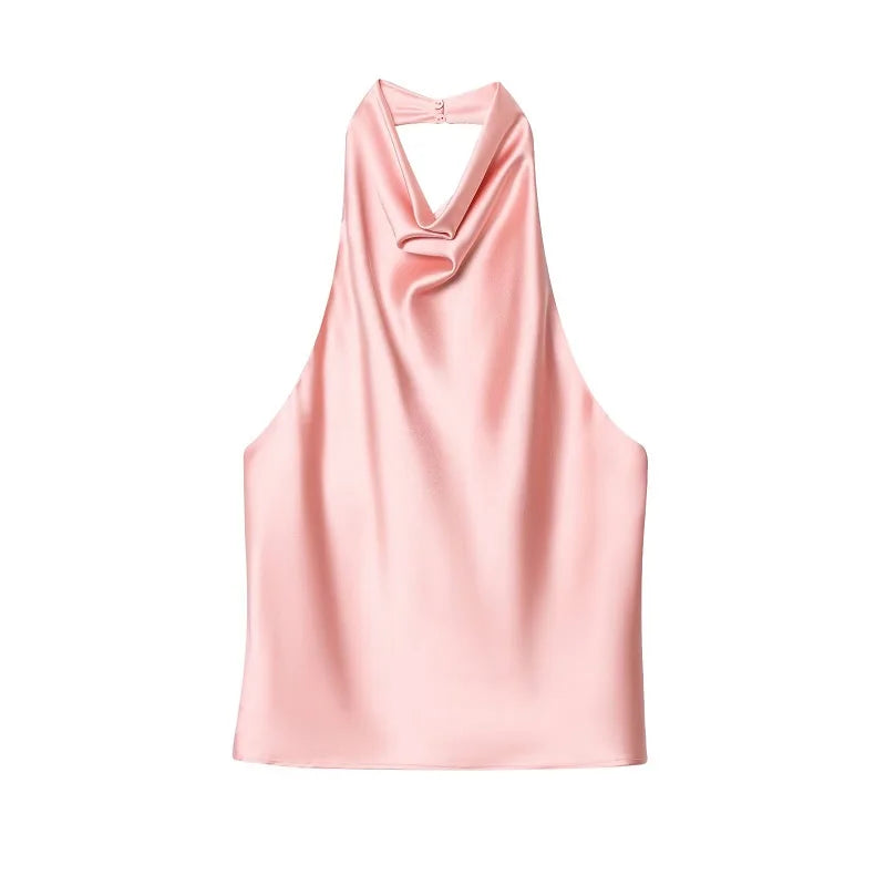 Top halter in satin nero | Top da spiaggia per donna