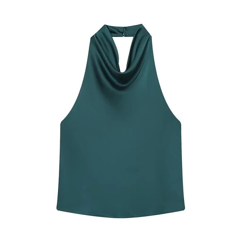 Top halter in satin nero | Top da spiaggia per donna