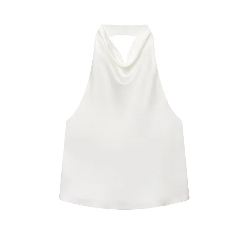 Top halter in satin nero | Top da spiaggia per donna