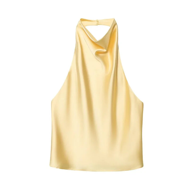 Top halter in satin nero | Top da spiaggia per donna