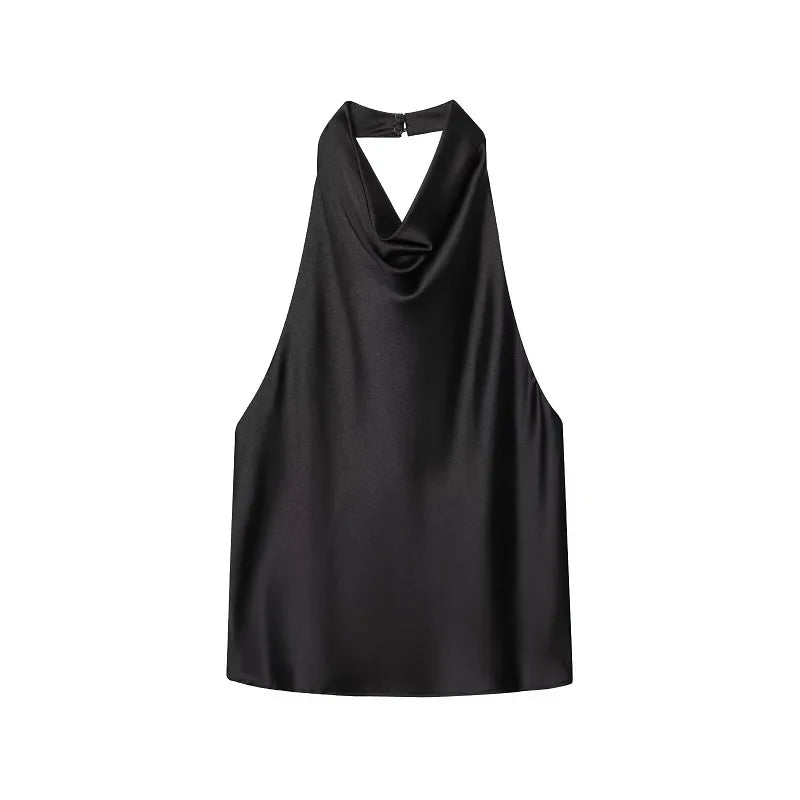 Top halter in satin nero | Top da spiaggia per donna