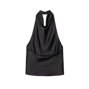 Top halter in satin nero | Top da spiaggia per donna