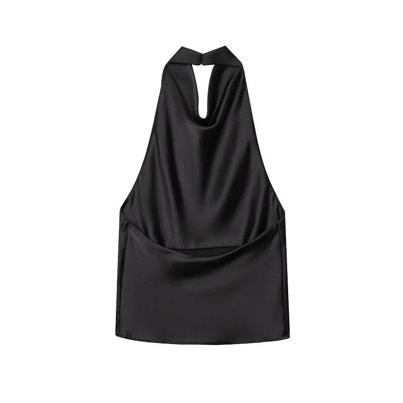 Top halter in satin nero | Top da spiaggia per donna