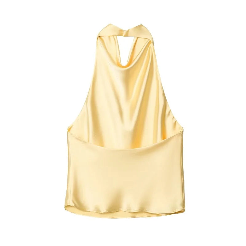 Top halter in satin nero | Top da spiaggia per donna