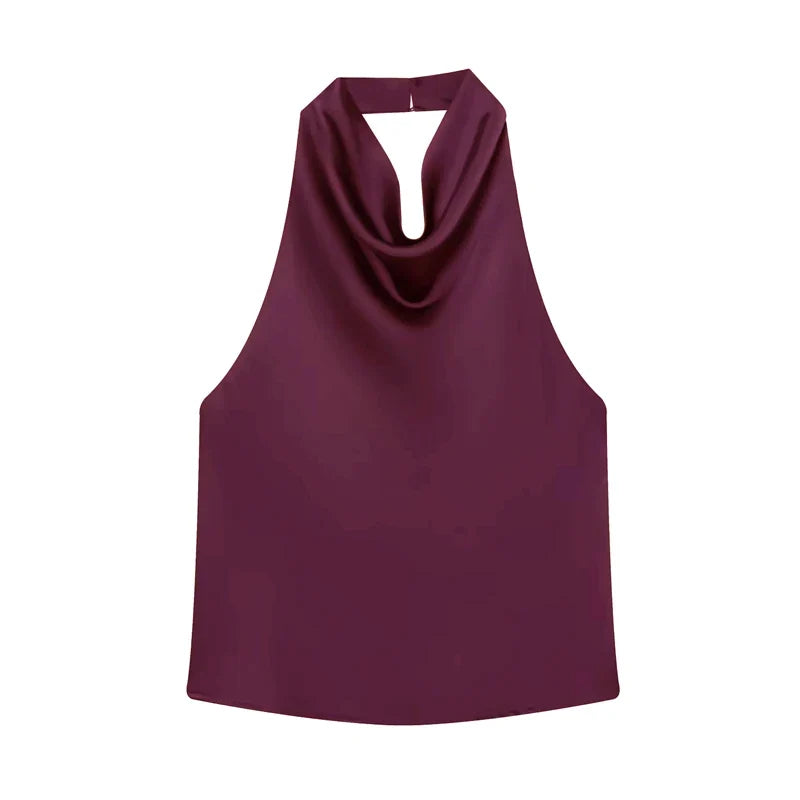 Top halter in satin nero | Top da spiaggia per donna