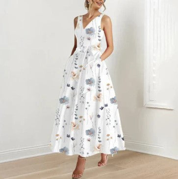 Lily - Elegantes ärmelloses Maxikleid mit Blumenmuster und Gürtel | Maxikleid in A-Linie mit V-Ausschnitt und Blumenmuster für besondere Anlässe