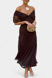 Elfriede | Damen Off-Shoulder Gerafftes Maxi Kleid