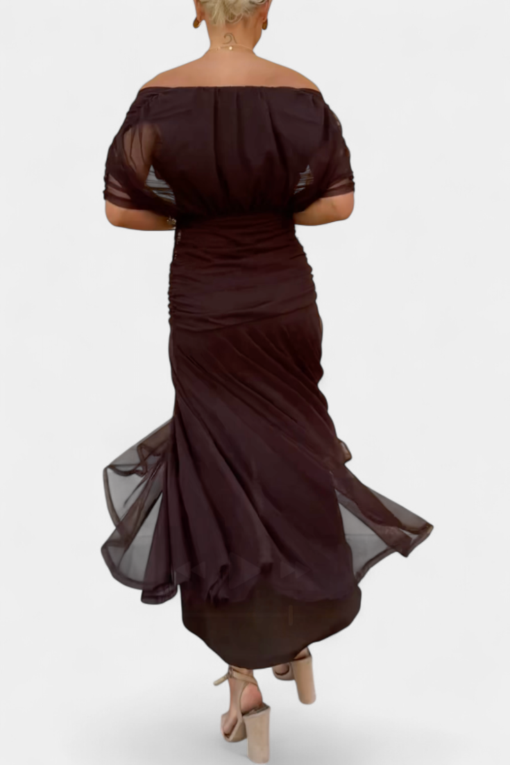 Elfriede | Damen Off-Shoulder Gerafftes Maxi Kleid