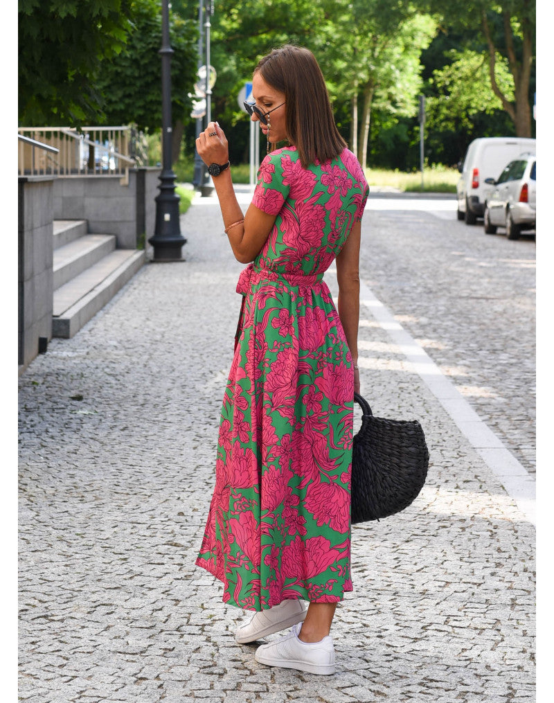 Freya | Auffälliges Midi-Kleid mit Blumenmuster und Taillengürtel