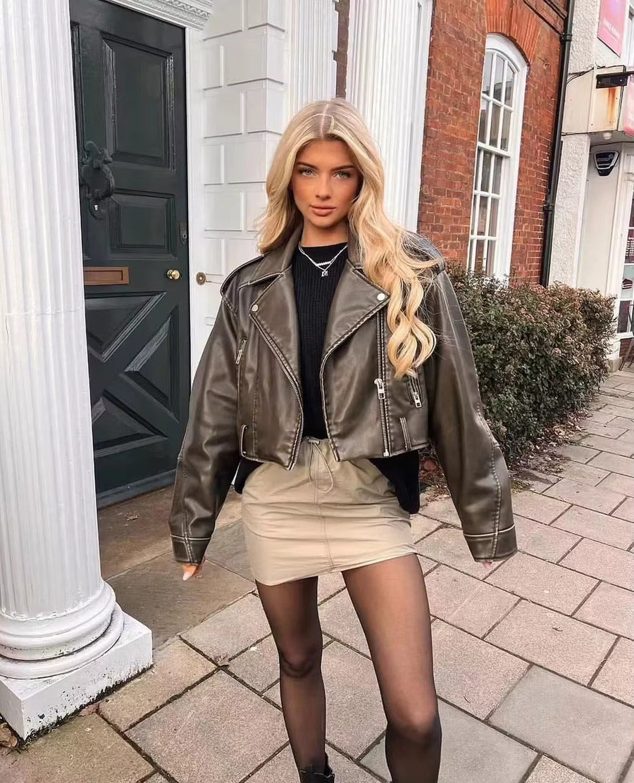 Heidi-Mode | Damen PU Motorradjacke mit Reißverschluss und Gürtel