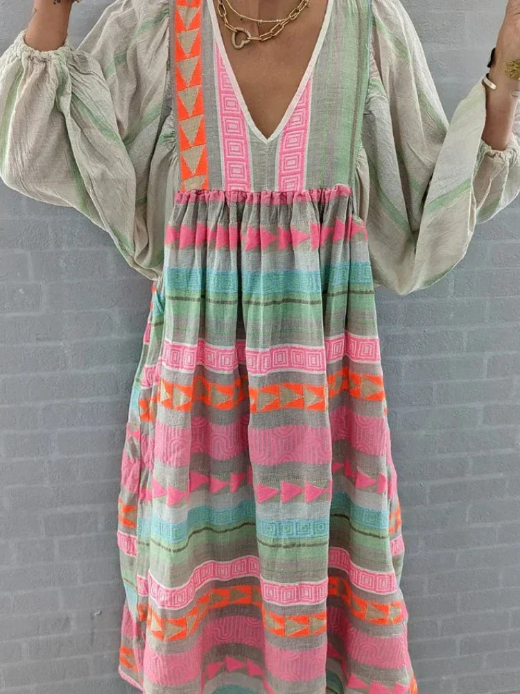 Cassandra | Boho-Print V-Ausschnitt Kleid