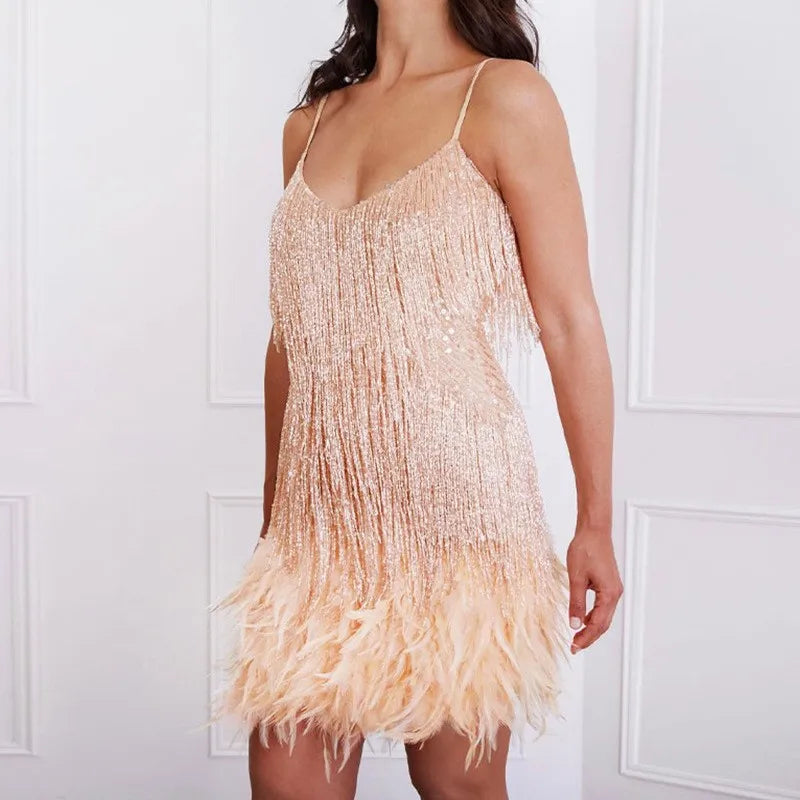 Claudia | Damen Cocktailkleid mit Fransen und Federn