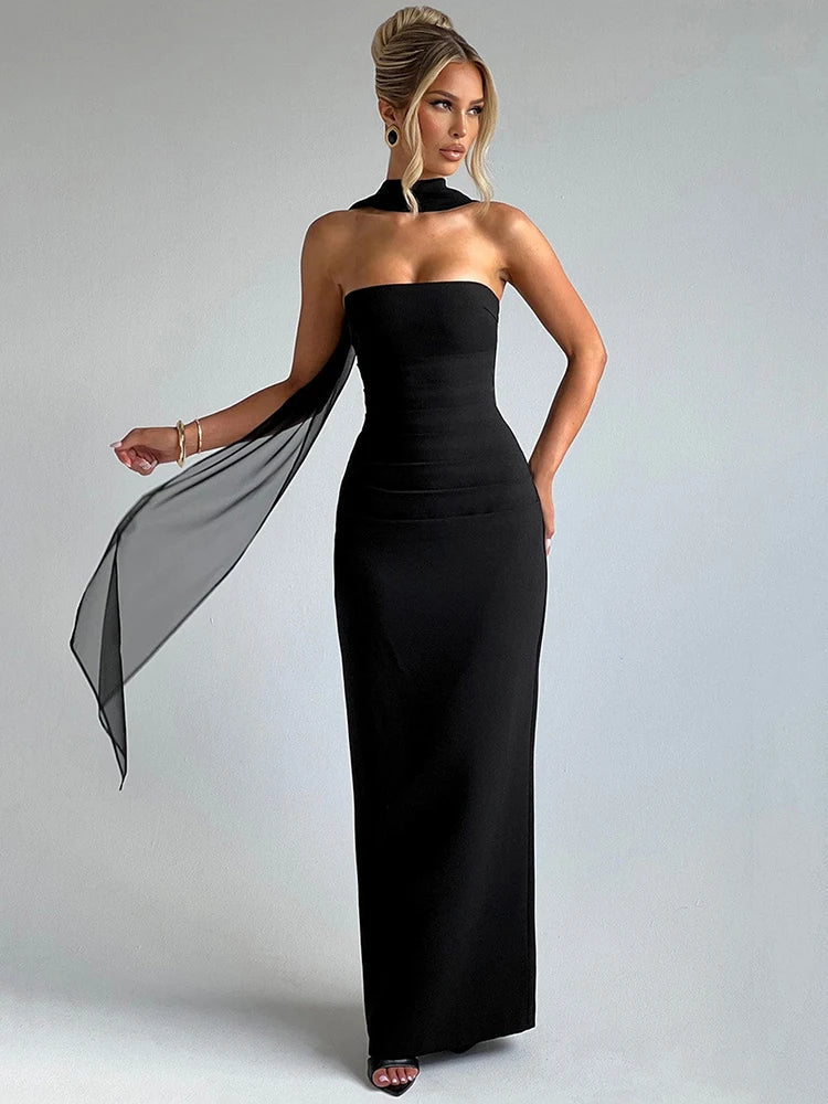 Heidi-Mode | Abendballkleid Strapless Bodenlang Säulensilhouette Halstuchdetail