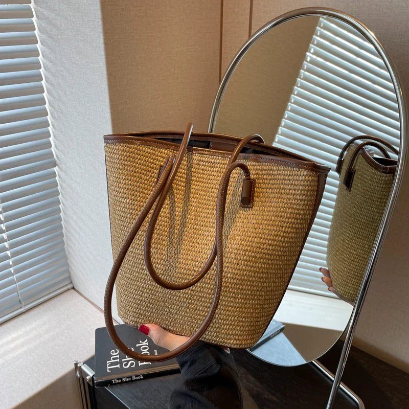 Strohtasche Damen – Handgefertigte Strandtasche mit Ledergriffen & Reißverschluss