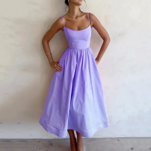 Sommerliche Damen A-Linien Midi-Kleid mit Spaghettiträgern – Elegant & Feminin